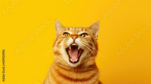 Funny red cat on yellow background, portrait of mocking cat with copy space generated AI. photo