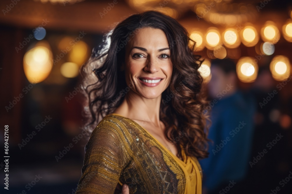 Portrait of beautiful young woman with curly hair, smiling and looking at camera.