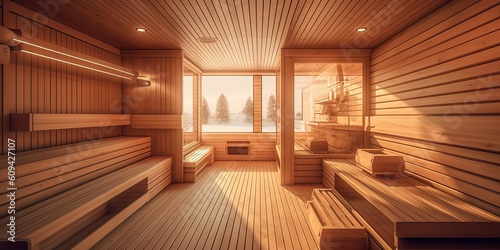 AI Generated. AI Generative. Modern luxury home sauna steam cabin heat spa wood style. Graphic Art © Graphic Warrior