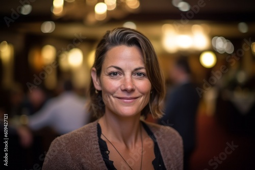 Close-up portrait photography of a satisfied woman in her 40s that is wearing a chic cardigan against a charity gala event with auction and celebrities background . Generative AI