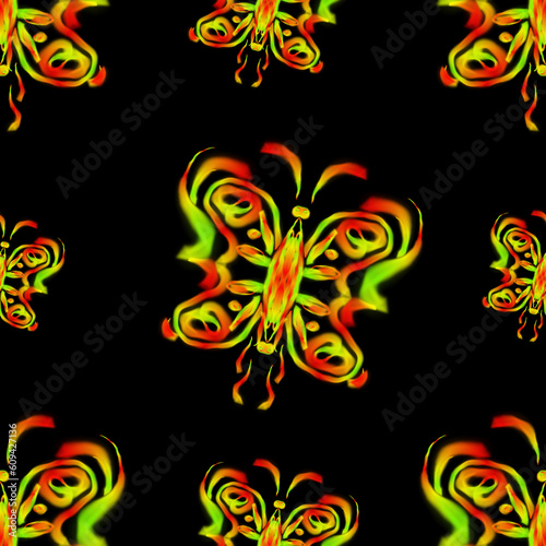 psychedelic seamless pattern illustration of a neon colored butterfly photo