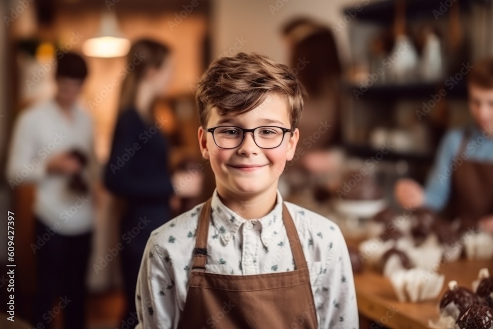 Portrait of smiling boy in eyeglasses looking at camera in bakery Portrait of smiling boy in eyeglasses looking at camera in bakery