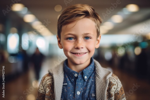 Portrait of smiling little boy standing in corridor at the airport.