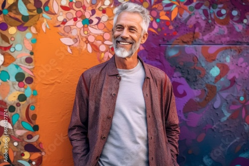 Medium shot portrait photography of a satisfied man in his 50s that is wearing a chic cardigan against a vibrant street art mural painting in progress background . Generative AI