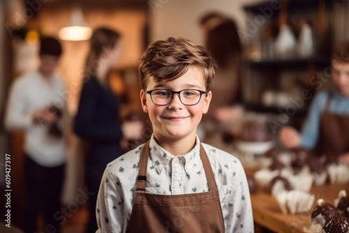 Portrait of smiling boy in eyeglasses looking at camera in bakery