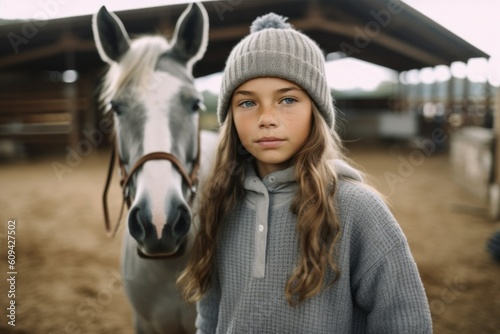 Portrait of a cute little girl in a hat and coat with a horse