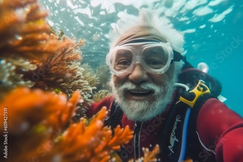 Senior man with beard and mustache in red swimsuit and scuba mask swimming underwater in coral reef