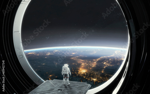 Astronaut at a huge window observes the orbit of the planet Earth. 5K realistic science fiction art. Elements of image provided by Nasa photo