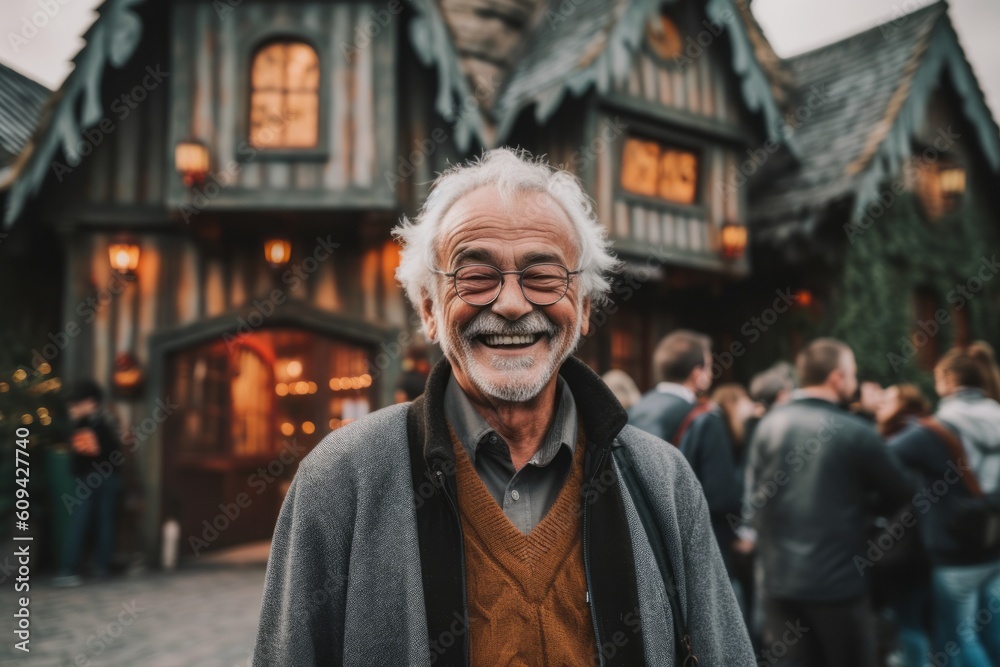 Medium shot portrait photography of a pleased man in his 60s that is wearing a chic cardigan against a thrilling haunted house attraction with brave visitors background . Generative AI