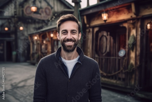 Portrait of handsome young man with beard smiling and looking at camera.