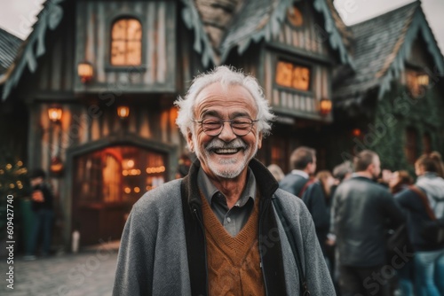Medium shot portrait photography of a pleased man in his 60s that is wearing a chic cardigan against a thrilling haunted house attraction with brave visitors background . Generative AI