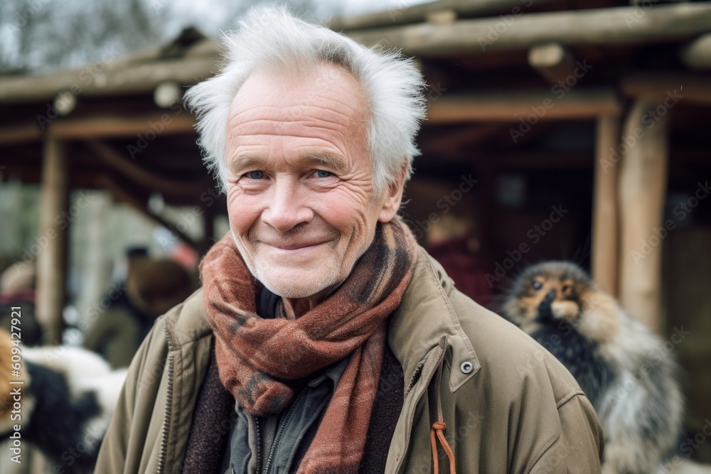 Portrait of a happy senior man on the background of a winter village