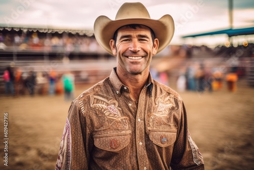 Medium shot portrait photography of a satisfied man in his 40s that is wearing a chic cardigan against a lively rodeo event with barrel racing and bull riding background . Generative AI