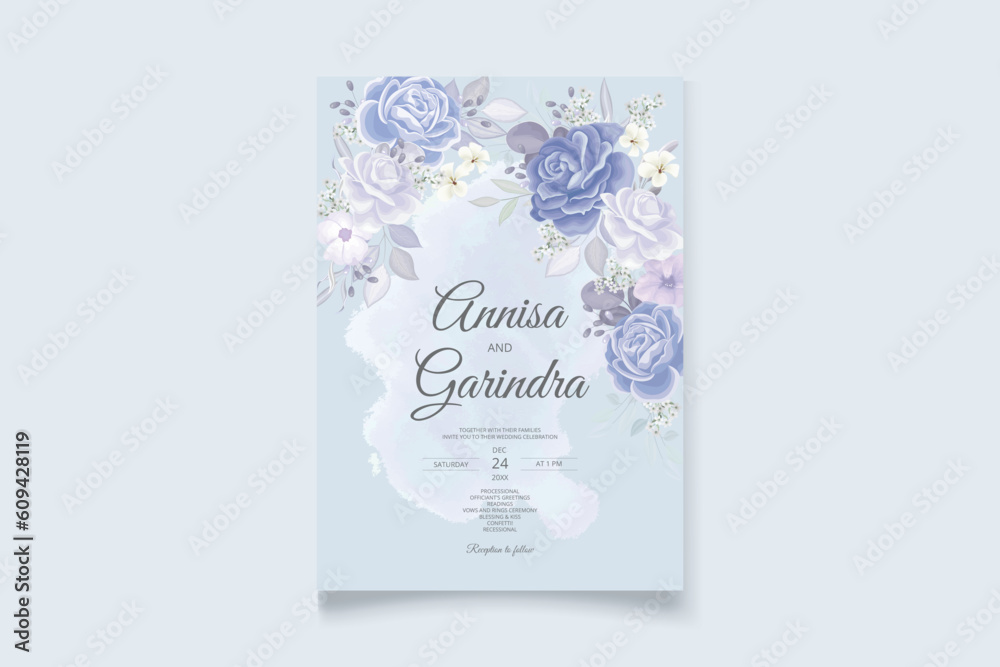 Elegant wedding invitation card with beautiful blue floral and leaves ...