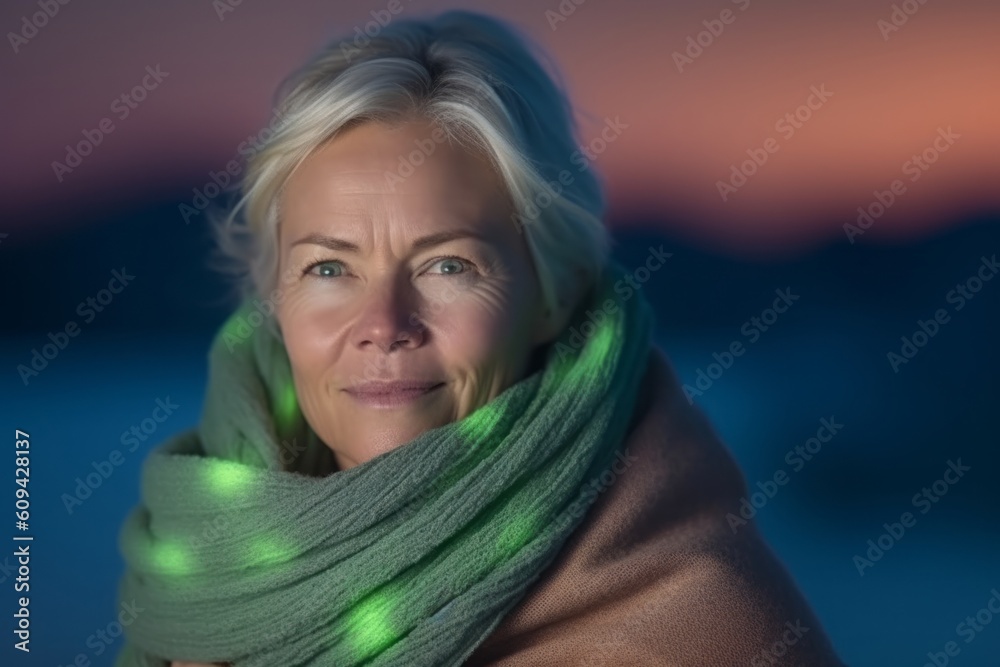 Portrait of a senior woman wearing scarf at the beach at sunset Portrait of a senior woman wearing scarf at the beach at sunset