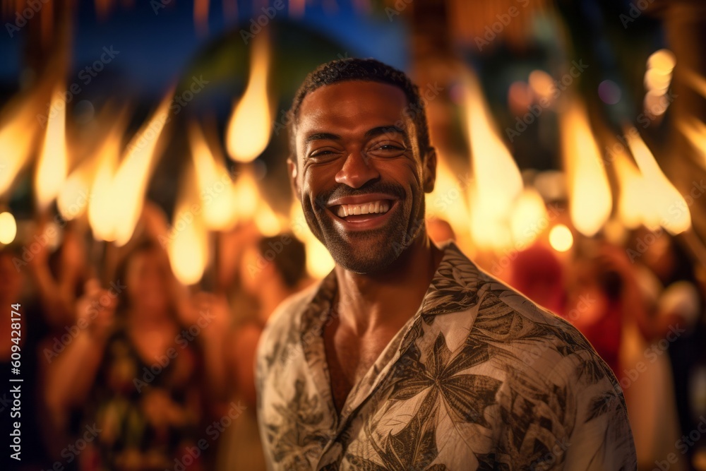 Obraz premium Portrait of a happy man dancing in front of a fire at night