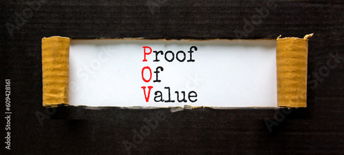 POV Proof of value symbol. Concept words POV Proof of value on beautiful white paper. Beautiful white table black background. Business and POV Proof of value concept. Copy space.