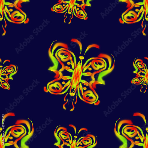 psychedelic seamless pattern illustration of a colorful butterfly neon blue background photo