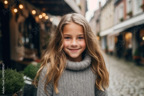 Wallpaper Mural Portrait of a cute little girl with long blond hair in a gray knitted sweater on the street. Torontodigital.ca