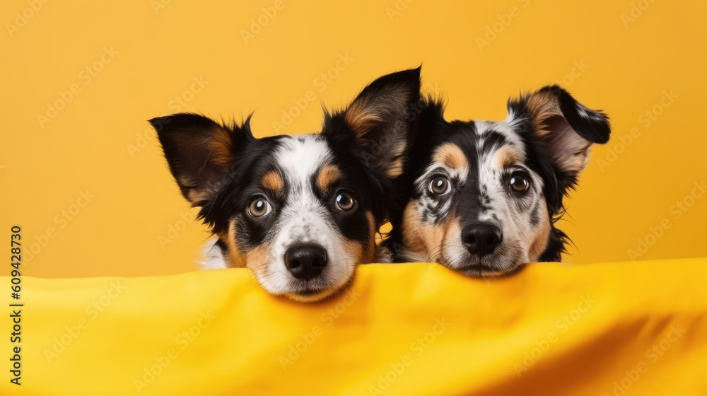 Banner three hide funny surprised dogs puppies isolated on yellow background