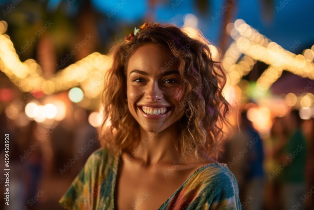 Naklejka premium Portrait of beautiful woman with curly hair smiling at camera at night