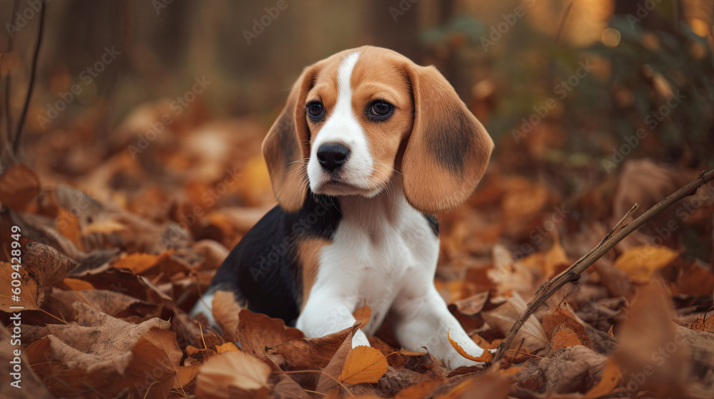 Beagle puppy in autumn leaves background