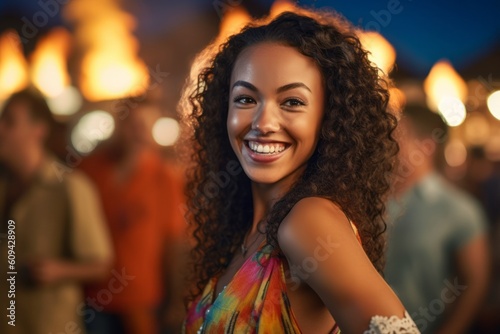 Portrait of a happy young african american woman dancing at a music festival