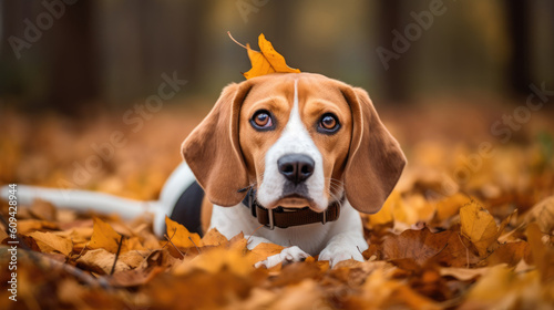 Beagle dog lying with a leaf in fall autumn © LightoLife