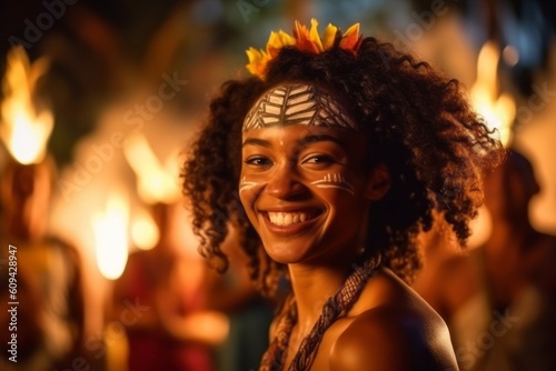 Portrait of a beautiful African American woman with afro hairstyle and face painting at night