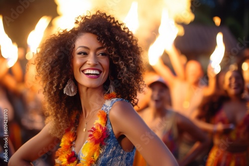 Medium shot portrait photography of a grinning woman in her 30s that is wearing a chic cardigan against a scenic hawaiian luau with performers and fire dancers background . Generative AI