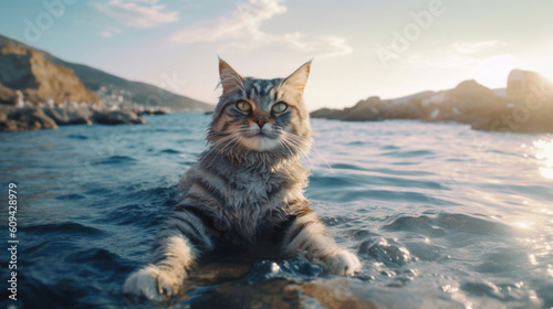 The cat is on vacation at sea, resting and enjoying life. floats in the sea generated AI.