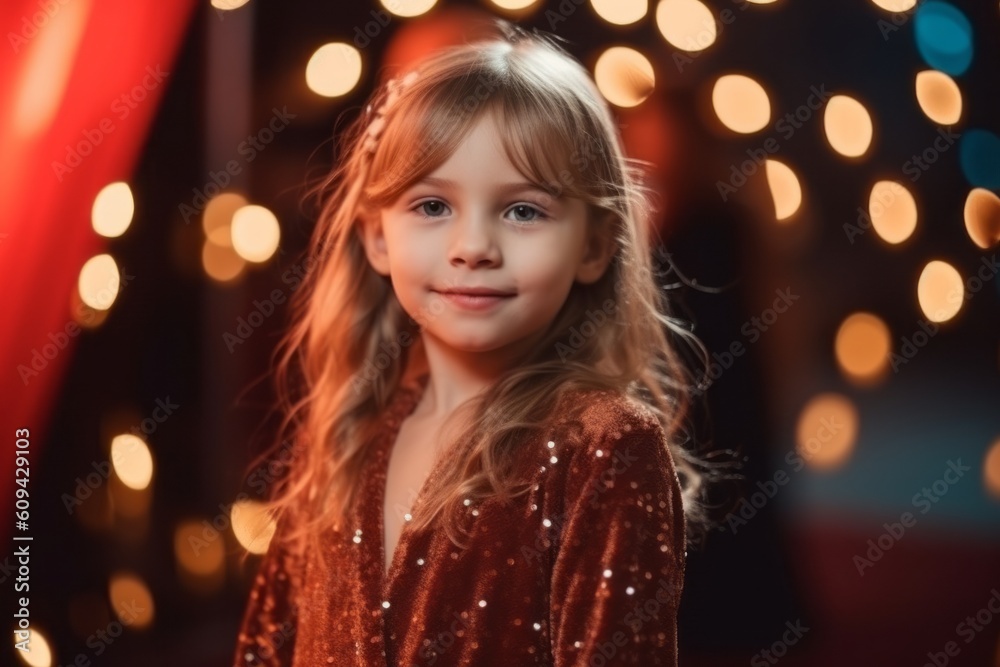 Portrait of a beautiful little girl in a red dress on a background of lights.