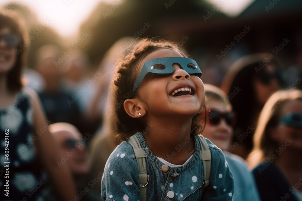 Medium shot portrait photography of a pleased child female that is wearing a chic cardigan against an awe-inspiring solar eclipse event with spectators background . Generative AI
