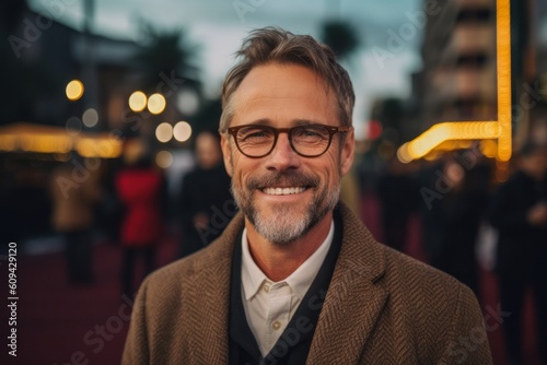 Portrait of handsome mature man with eyeglasses smiling at camera