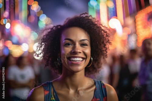 Close-up portrait photography of a pleased woman in her 30s that is wearing a casual t-shirt against a lively brazilian carnival with performers background . Generative AI