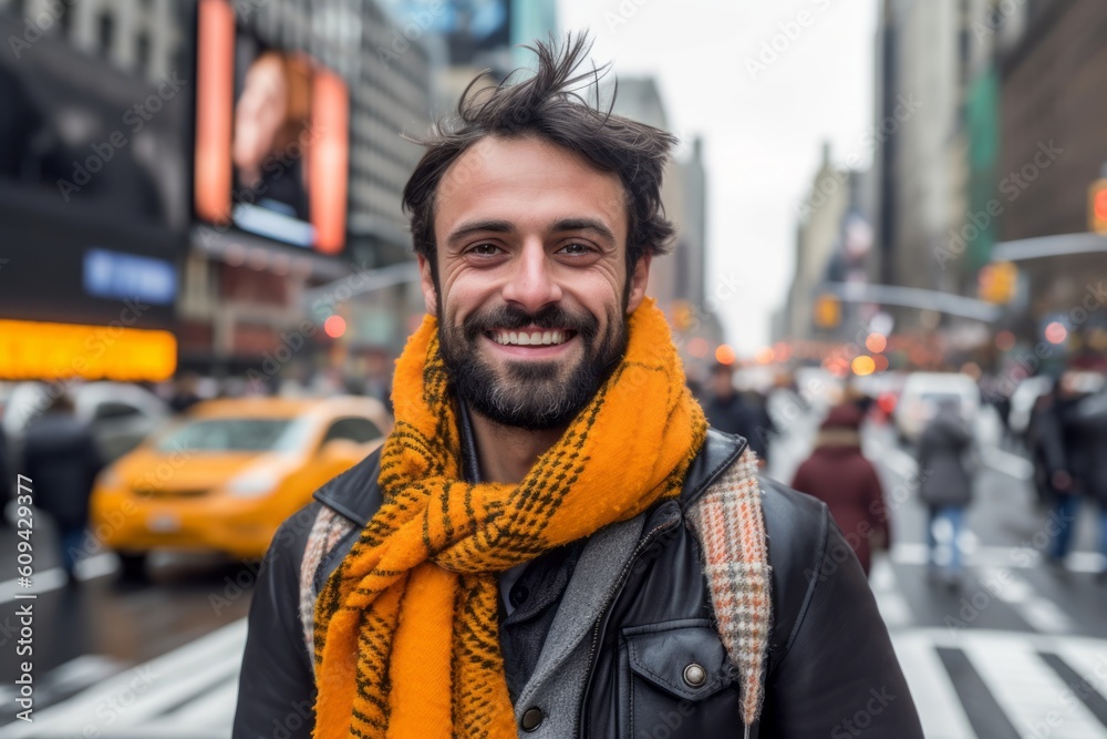 Young handsome man with beard wearing scarf in the streets of New York City Young handsome man with beard wearing scarf in the streets of New York City
