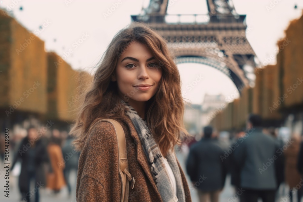 Beautiful young woman near the Eiffel tower in Paris, France