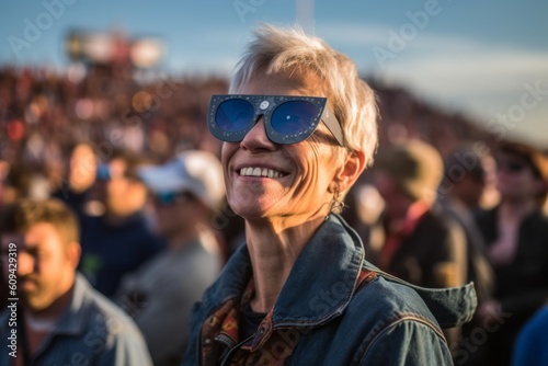 Close-up portrait photography of a satisfied woman in her 50s that is wearing a denim jacket against an awe-inspiring solar eclipse event with spectators background . Generative AI
