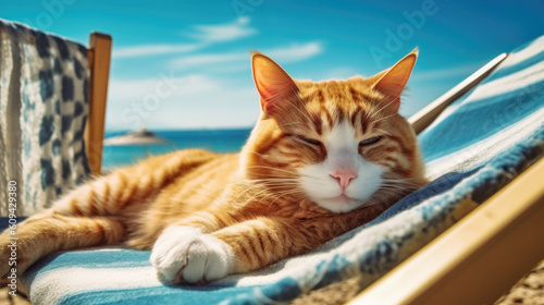 The cat is on vacation at sea, resting and enjoying life. Lying on a sun lounger and sunbathing. pensive generated AI.