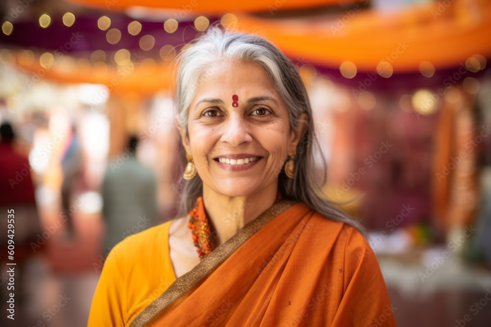 Portrait of smiling mature woman in orange saree at temple.