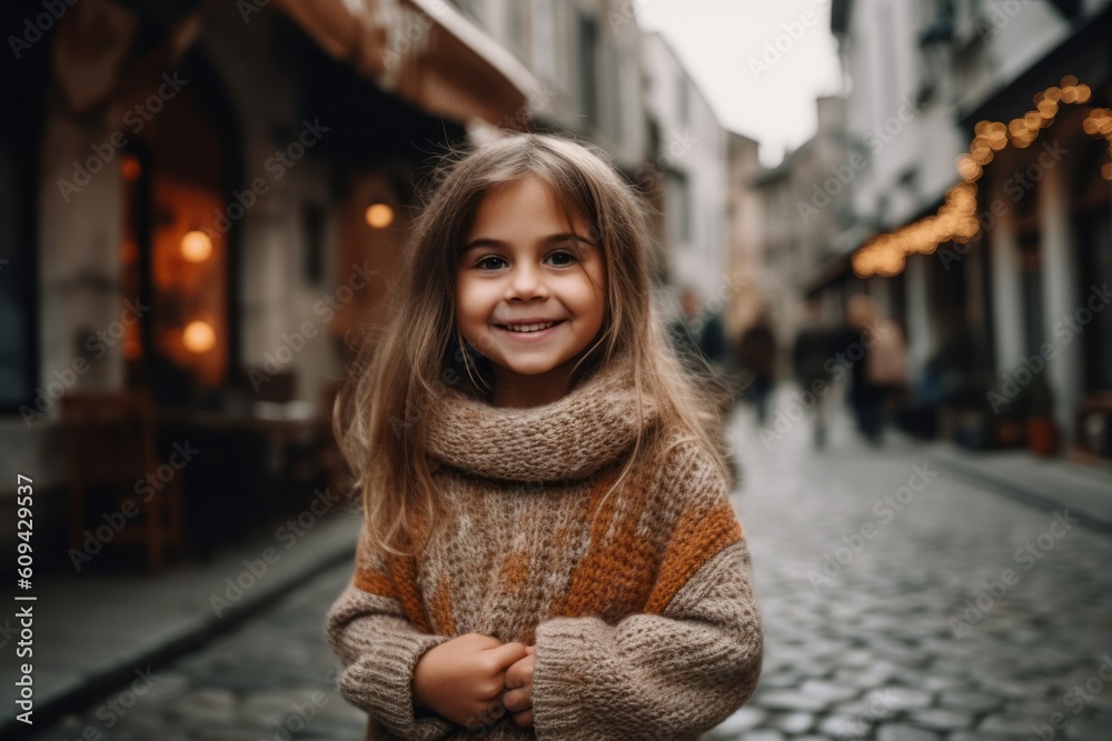 Adorable little girl with long blond hair in warm knitted sweater and scarf on the street of old town. Adorable little girl with long blond hair in warm knitted sweater and scarf on the street of old town.