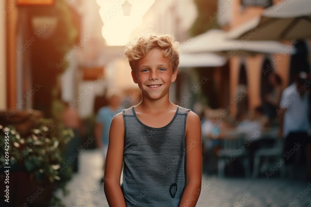 Portrait of a cute little boy with blond hair in a summer street. Portrait of a cute little boy with blond hair in a summer street.