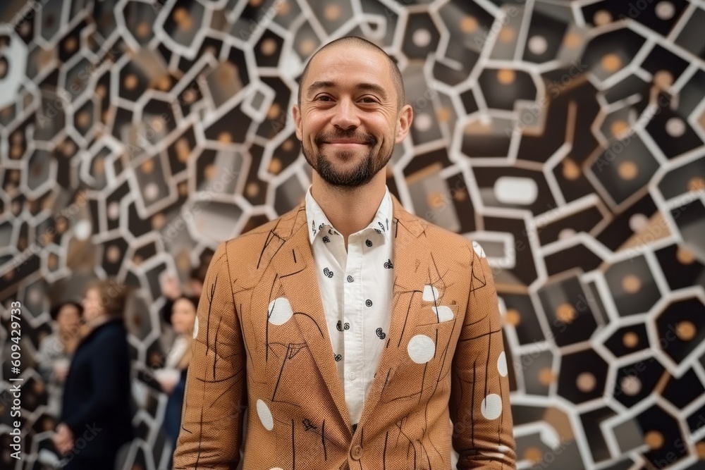 Portrait of a handsome young man with a beard in a jacket on the background of a mosaic wall Portrait of a handsome young man with a beard in a jacket on the background of a mosaic wall