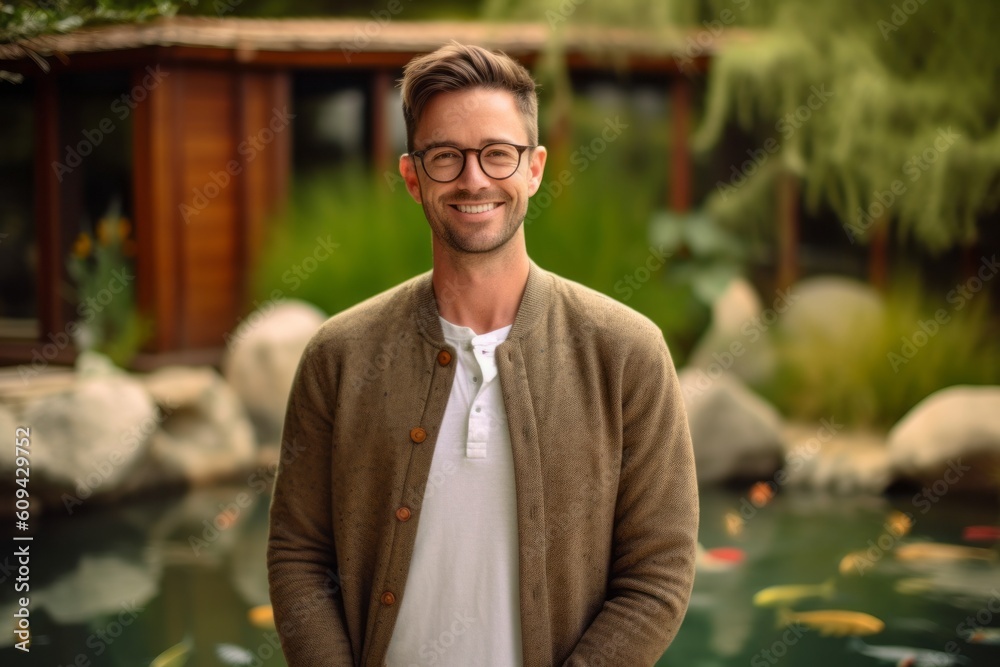 Portrait of a handsome young man smiling at the camera while standing in a garden. Portrait of a handsome young man smiling at the camera while standing in a garden.
