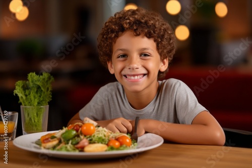 african american boy eating salad at table in cafe or restaurant