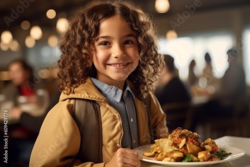 happy little girl eating french fries at cafe or restaurant and looking at camera