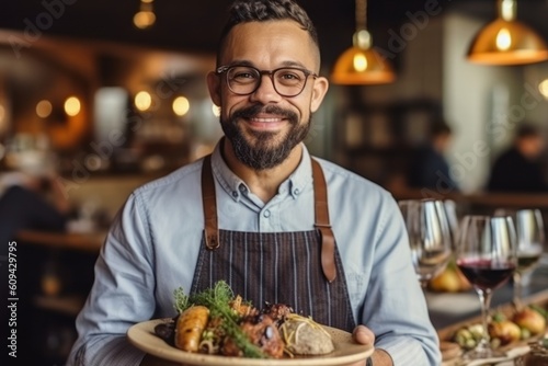 Portrait of a smiling waiter holding a plate with food in a restaurant