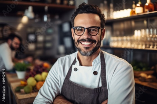 Portrait of smiling male barista standing with arms crossed in cafe