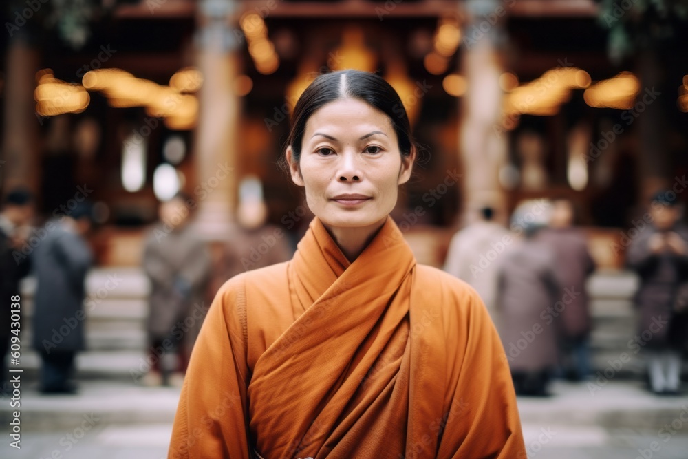 Portrait of a young beautiful asian woman wearing orange robe in the temple Portrait of a young beautiful asian woman wearing orange robe in the temple