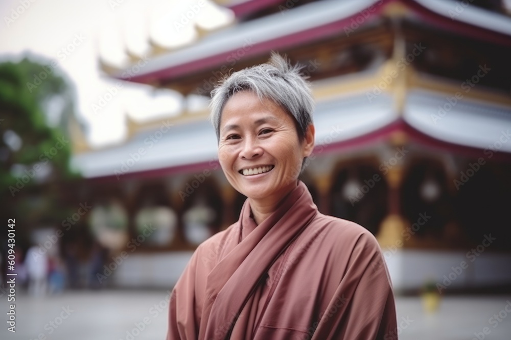 Portrait of a senior Buddhist woman smiling at the camera in the temple
